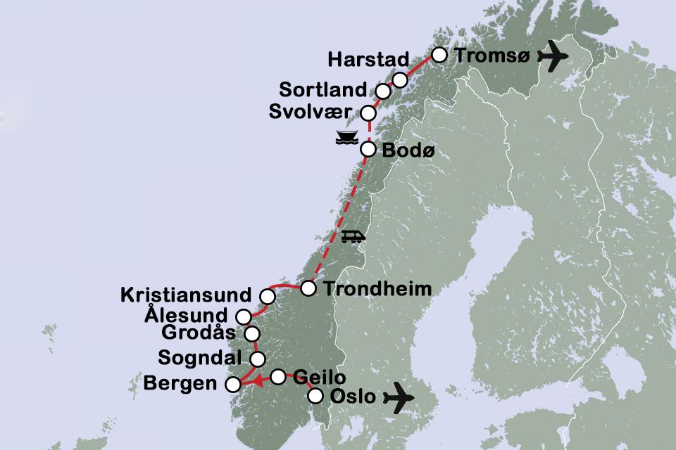 Routekaart van Oslo naar Tromsø