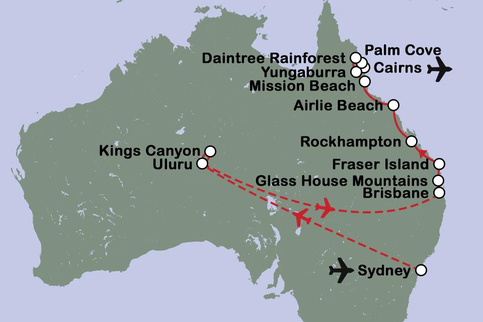Routekaart Oostkust van Australië fly drive