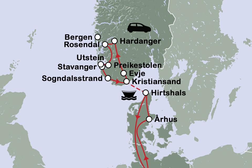 Routekaart Toeren door zuidelijk Noorwegen - autovakantie