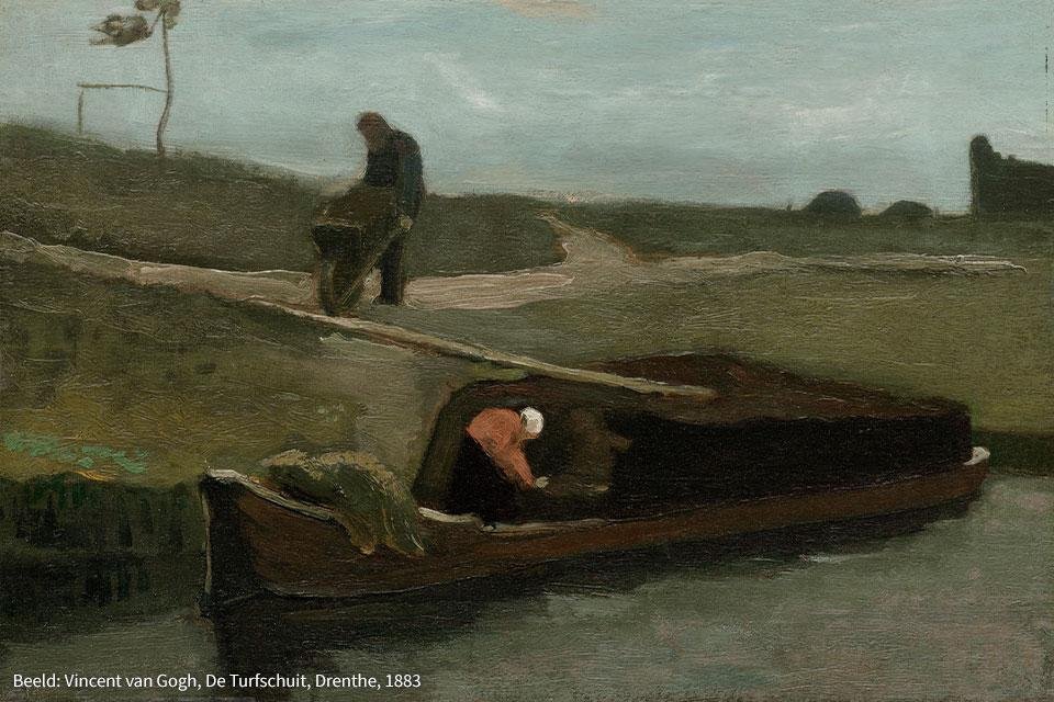 Vincent van Gogh, De Turfschuit, Drenthe, 1883, olieverf op doek op paneel, 37 x 55,5 cm, Drents Museum (aangekocht met steun van de Provincie Drenthe, Nederlandse Aardolie Maatschappij, Vuil Afvoer Maatschappij, Stichting Pieter Roelf, Stichting Van Gogh, Stichting Vrienden van het Drents Museum, Stichting Schone Kunsten rond 1900, VSB-fonds en Vereniging Rembrandt)