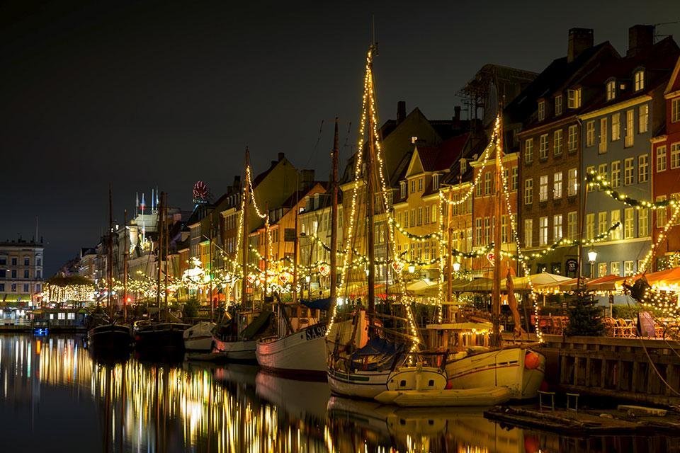 Kerst in Nyhavn, Kopenhagen, Denemarken