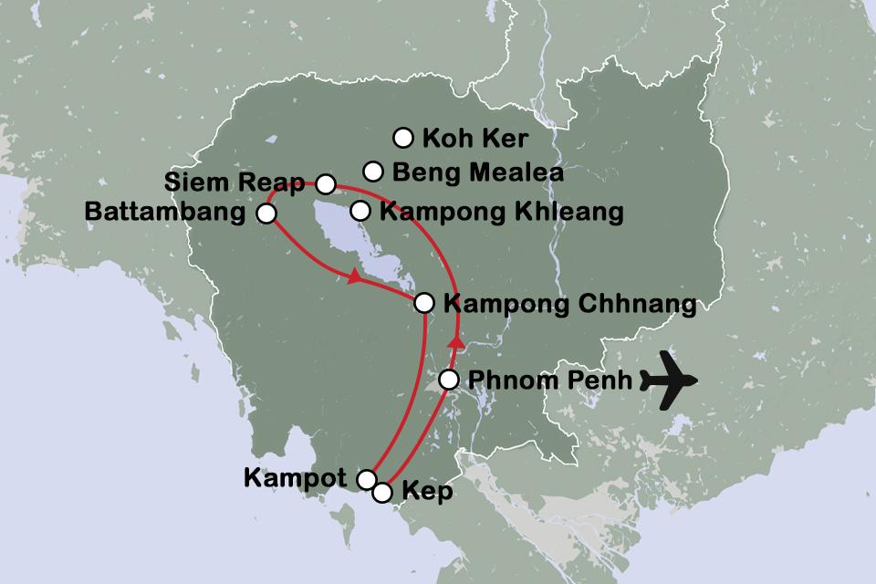 Routekaart Cambodja, het land van Angkor