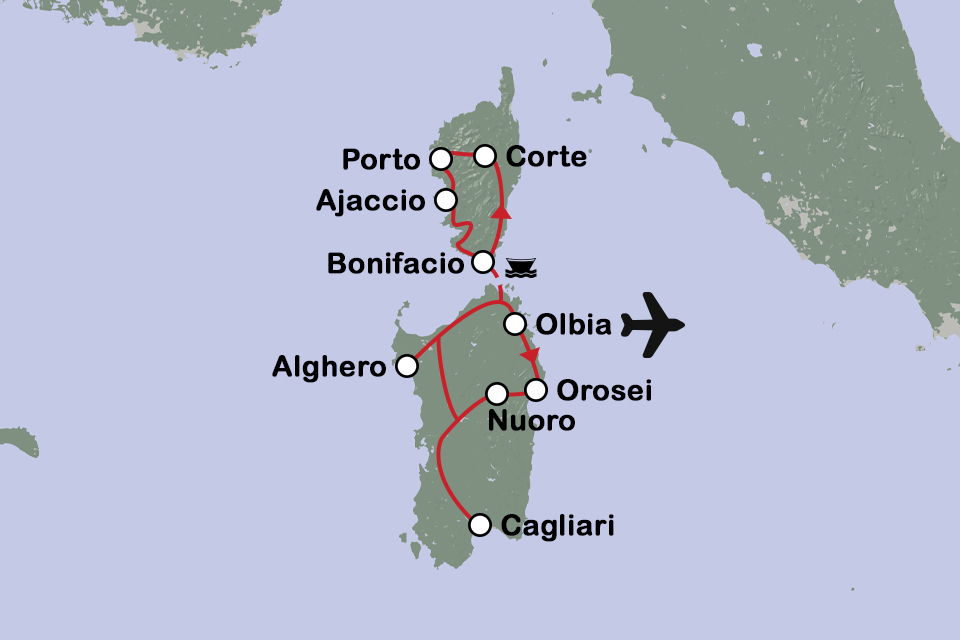 Routekaart Sardinië en Corsica