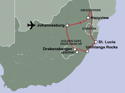 Routekaart Oosten van Zuid-Afrika 