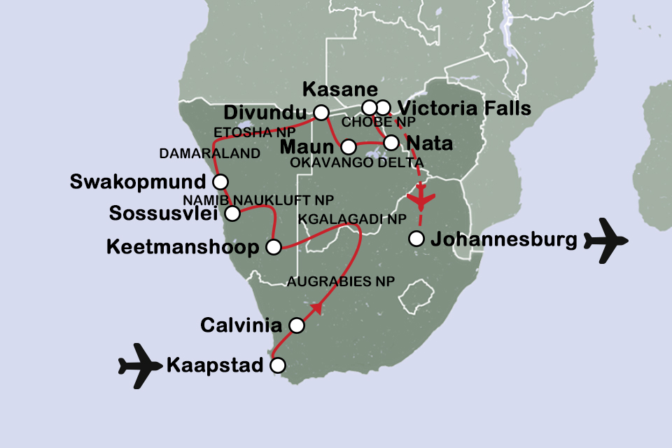 Routekaart Zuid-Afrika, Namibië, Botswana en Victoria Falls