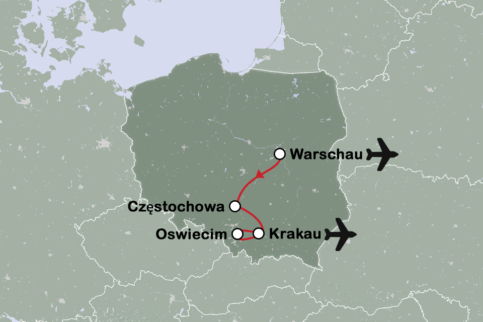 Routekaart Warschau en Krakau, Polen