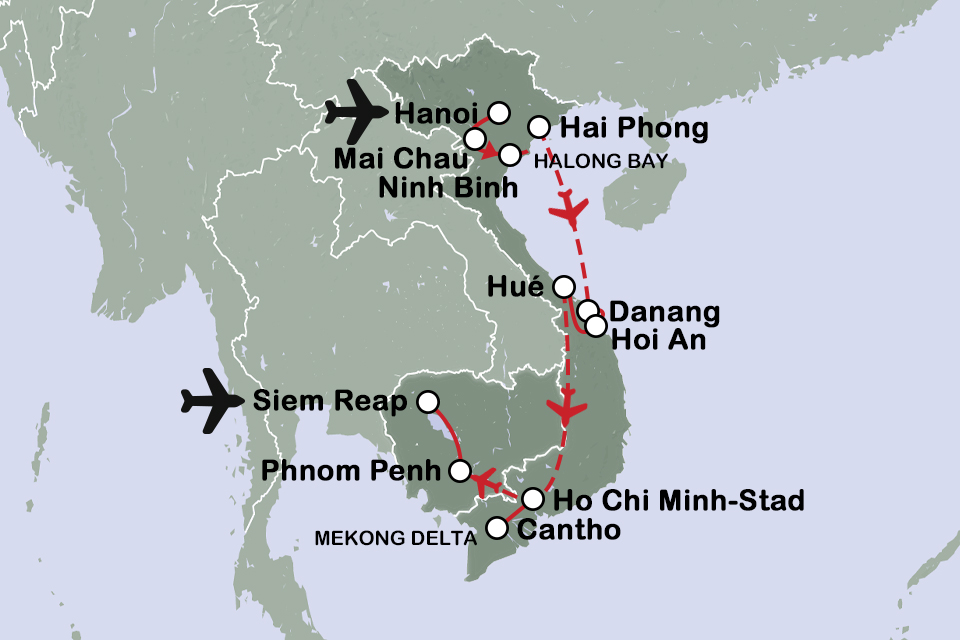 Routekaart Privéreis Vietnam en Cambodja