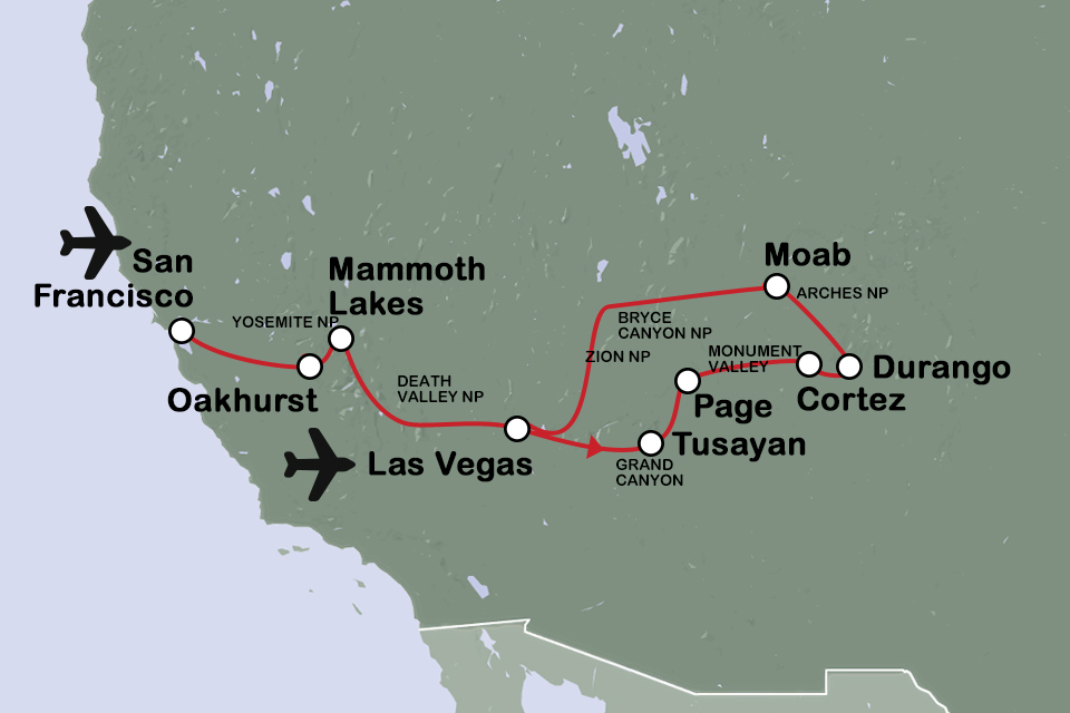 Routekaart fly drive Wild West-Amerika