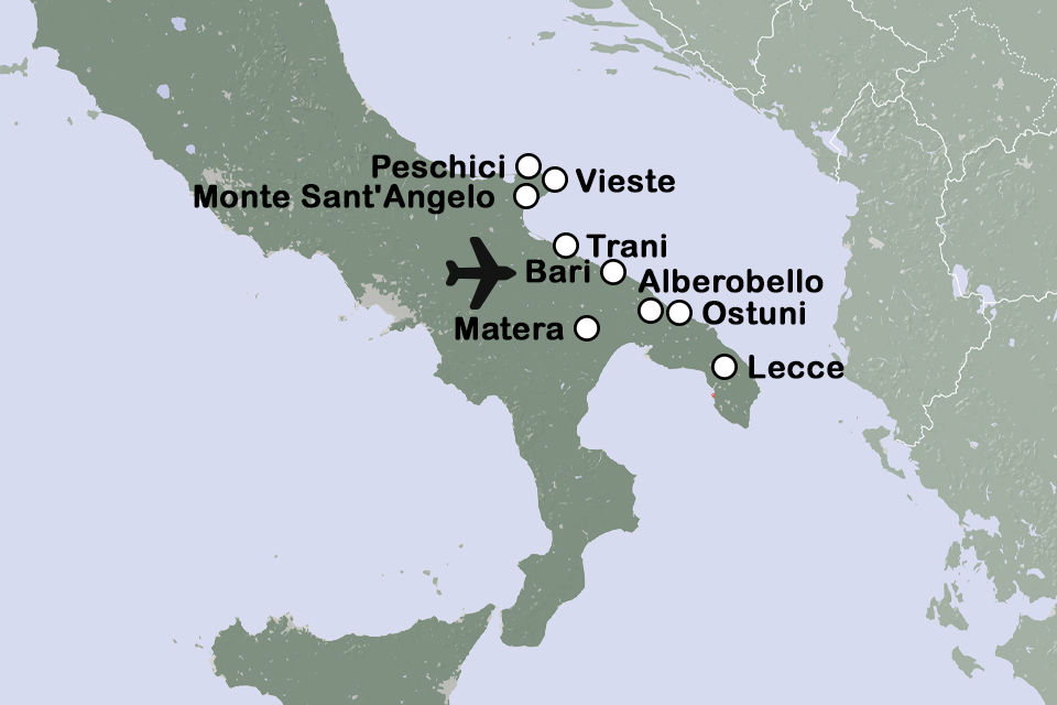 Routekaart Puglia en Gargano fly drive