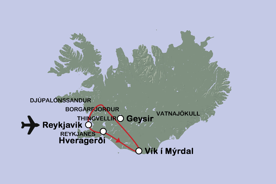 Routekaart Geisers, gletsjers en watervallen in IJsland
