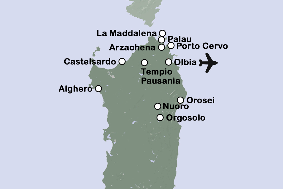 Routekaart Noord-Sardinië - fly drive