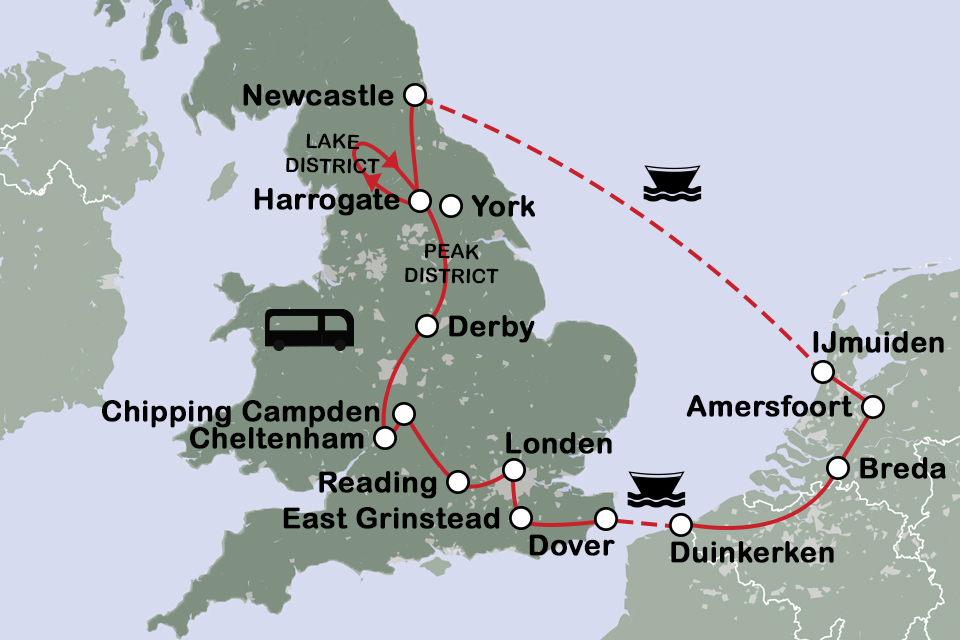 Routekaart Arts & Crafts in Engeland - busreis