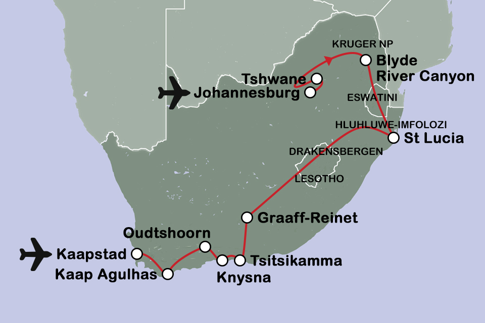 Routekaart Ontdek Zuid-Afrika, Eswatini en Lesotho
