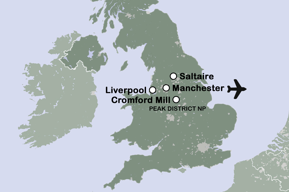 Routekaart Manchester en Liverpool