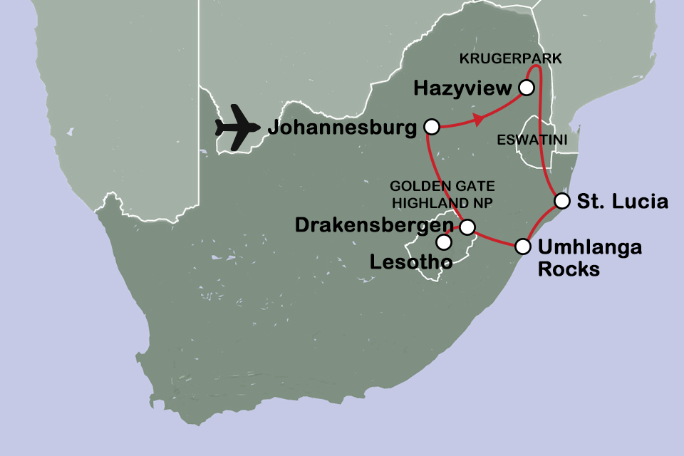 Routekaart Oosten van Zuid-Afrika 
