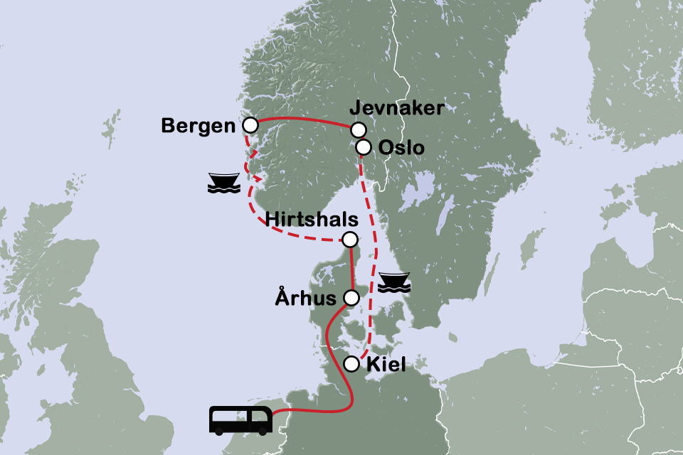Routekaart Musea in Zuid-Noorwegen