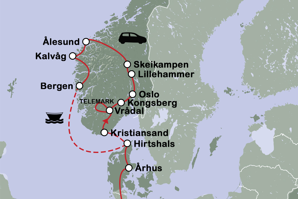 Routekaart Ontdek steden en fjorden in Noorwegen