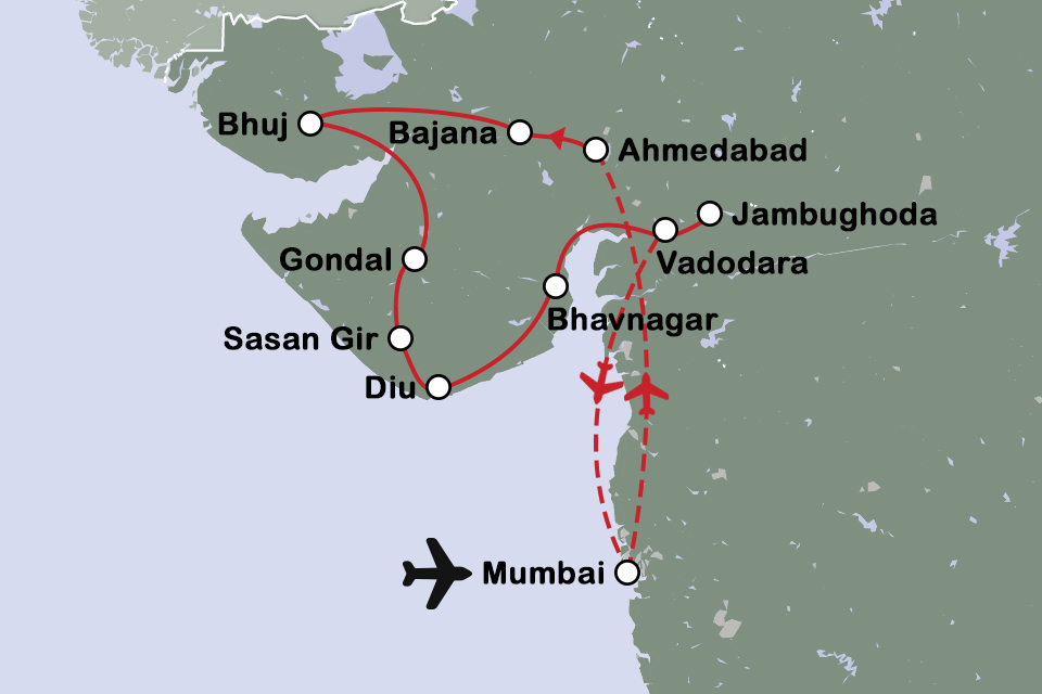 Routekaart Avontuurlijk Mumbai en Gujarat