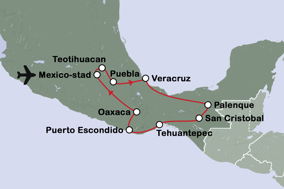 Routekaart Culturele groepsrondreis Mexico