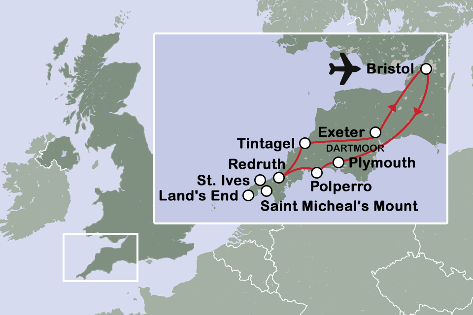Routekaart Devon & Cornwall