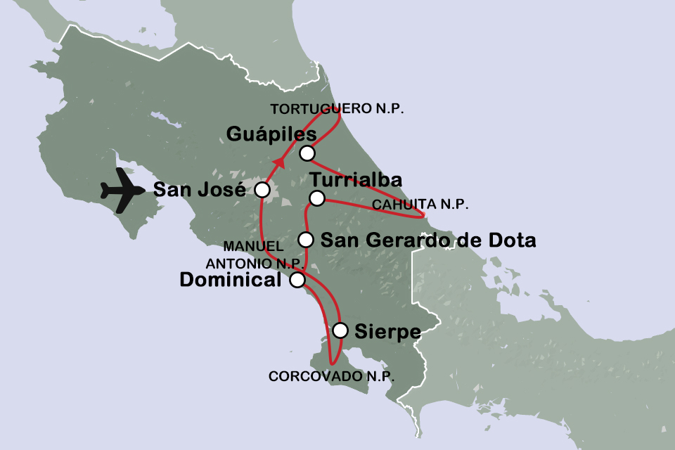 Routekaart Costa Rica pura vida - fly drive