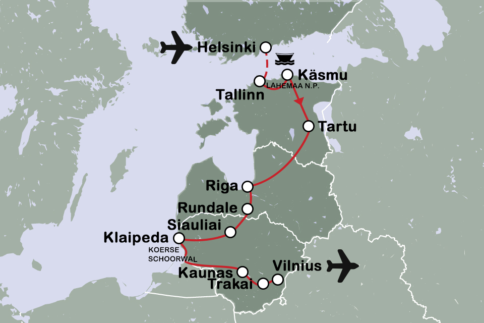 Routekaart Baltische Staten en Helsinki